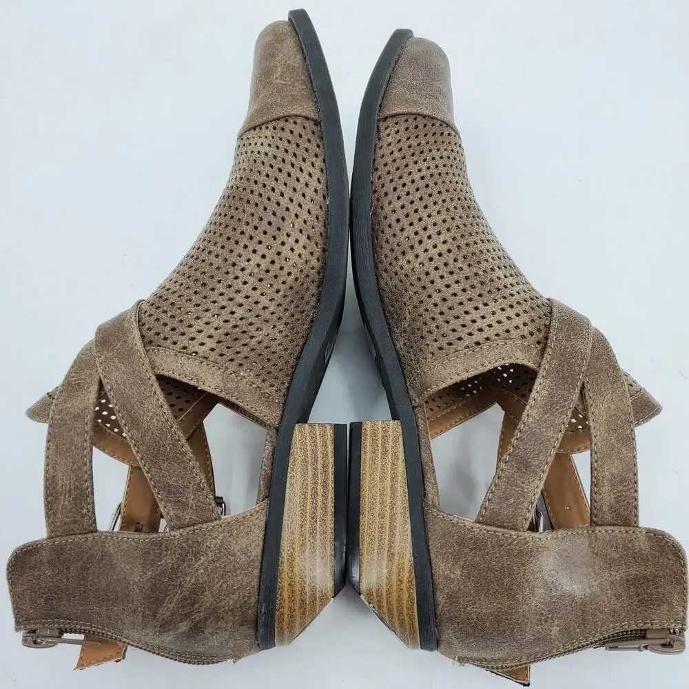Qupid Distressed Perforated Tan Brown Heeled Open Boot Booties Vegan Women's 7